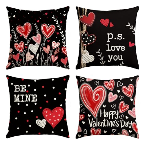Red Heart Throw Pillow Covers for Valentine's Day - Set of 4