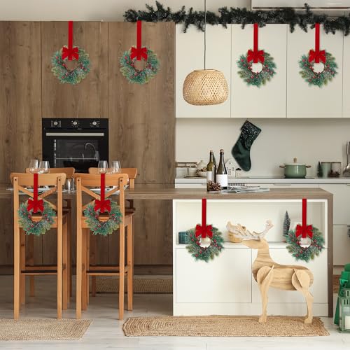 Christmas Mini Wreath for Cabinets - Green Norfolk Frosted Pine with Ribbon Bows & Red Berries, 9 Inch