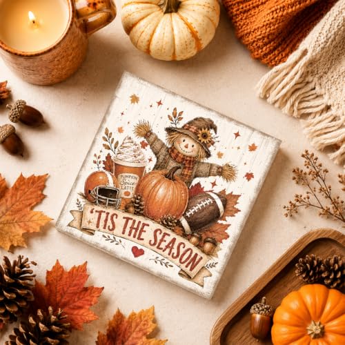 Fall Football Pumpkin Wood Sign, 5x5 Inch Autumn Shelf Decor (FALL81)