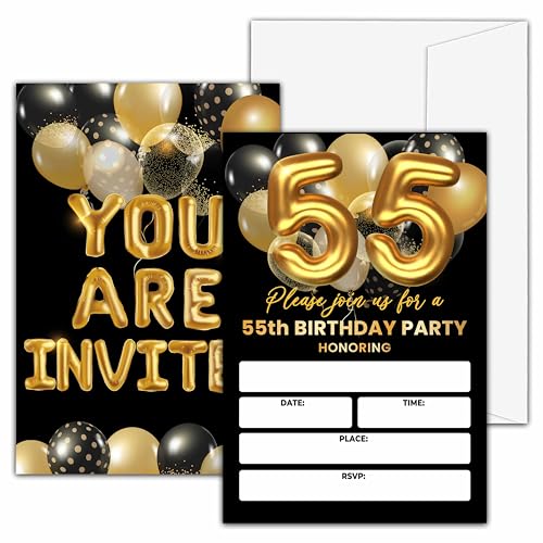 55th Birthday Invitations - Black & Gold, 20 High-Quality Cards
