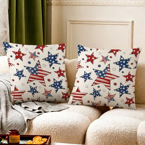4th of July Patriotic Throw Pillow Covers 18x18, Set of 2 Stars Design