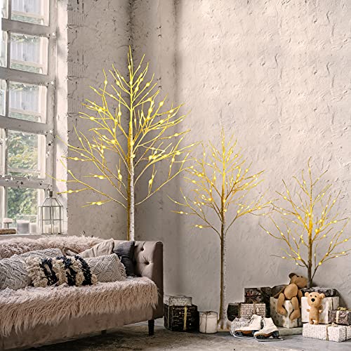 4ft Pre-Lit Christmas Tree with 48 Warm White LED Lights - Artificial White Twig Birch Tree