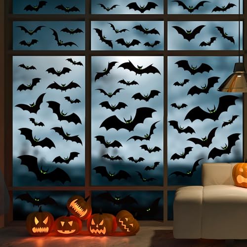 Halloween Window Clings - 6 Large Scary Bat Decals with Glow Eyes