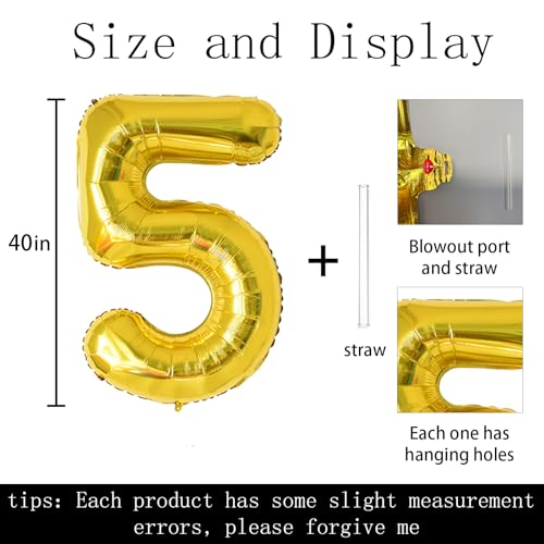 Keyali 40 Inch Gold Number 5 Foil Helium Balloon for Birthday Party