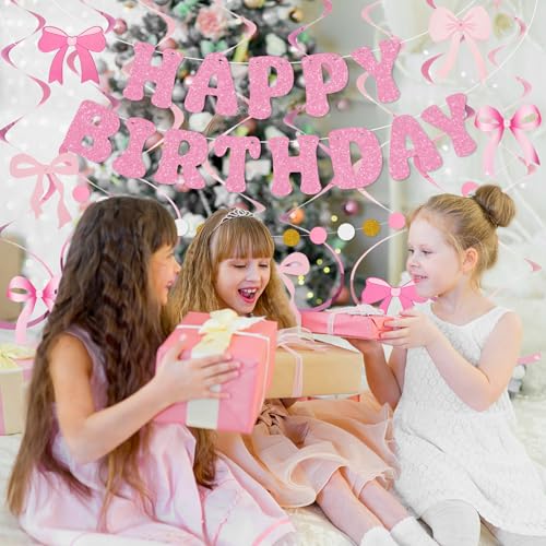 Amandir Pink Birthday Decorations Set with Glitter Banner & Bow Cutouts
