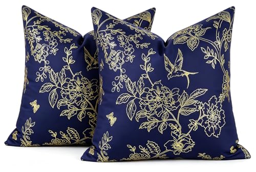 Blue and Gold Velvet Throw Pillow Covers 18x18 - 2-Pack