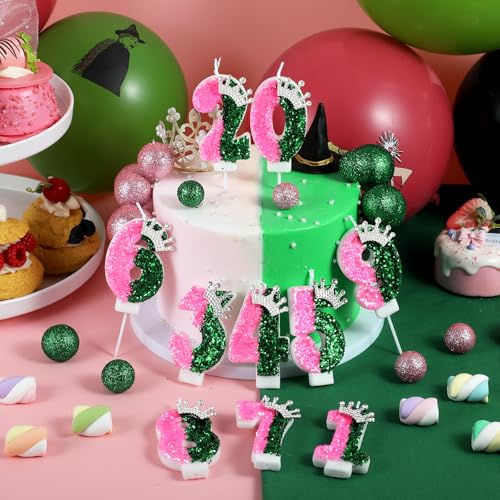 AKURIEEY Pink & Green Number 7 Birthday Candle Crown Cake Topper Wicked Themed Party Decor