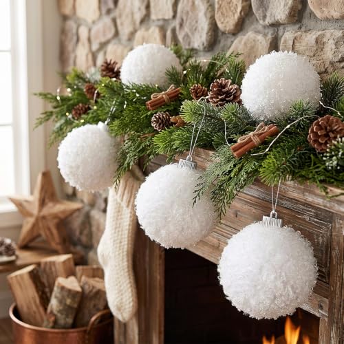 24 Pcs 4 Inch White Plastic Furry Christmas Ornaments Balls - Holiday Decor