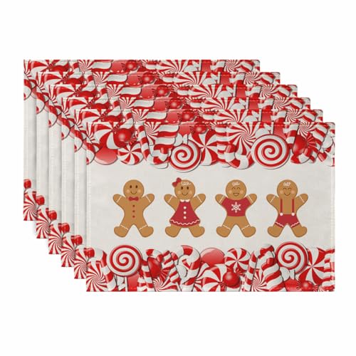 Ansouyi Christmas Gingerbread & Candy Cane Placemats Set of 6 - Heat Resistant Linen Table Mats 12x18 Inches - Gingerbread / 6PCS