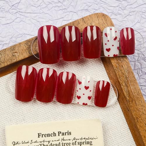 Valentine Press on Nails Red Square False Nails Heart Design