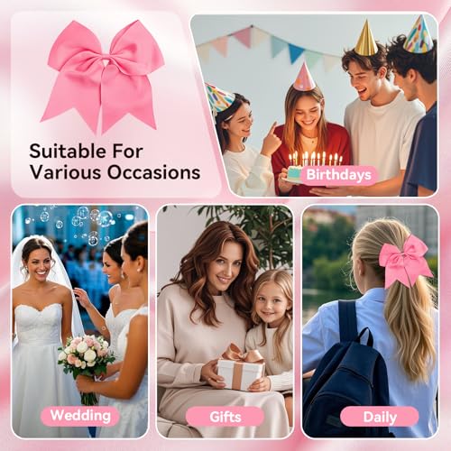AXEN 8-Inch Large Cheer Hair Bows with Ponytail Holder, Pink, 4 Pack