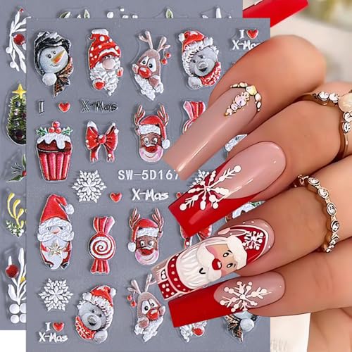 5D Embossed Christmas Nail Stickers Decals Santa Snowman 2PCS