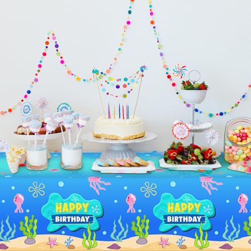 3 Pcs Blue Ocean Birthday Tablecloths - 108x54" Under The Sea Party Decor