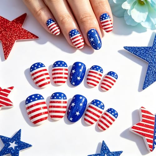 4th of July Short Almond Press on Nails Star Stripe Fake Nails