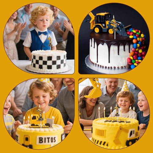 Construction Number 1 Candle - Yellow & Black Striped Birthday Cake Topper