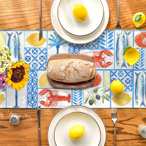Cyan-Blue Linen Table Runner 13 x 72 Inch Crawfish Pattern