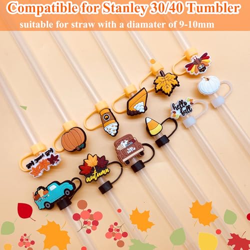 12pcs Fall Straw Toppers for Stanley Cup Thanksgiving Autumn Straw Covers 10mm Silicone Drinking Tip Covers for Stanley Cup Accessories