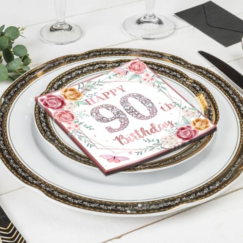 EUOYUFO 50Pcs Rose Gold Floral 90th Birthday Napkins for Women - 90th Birthday Party Supplies