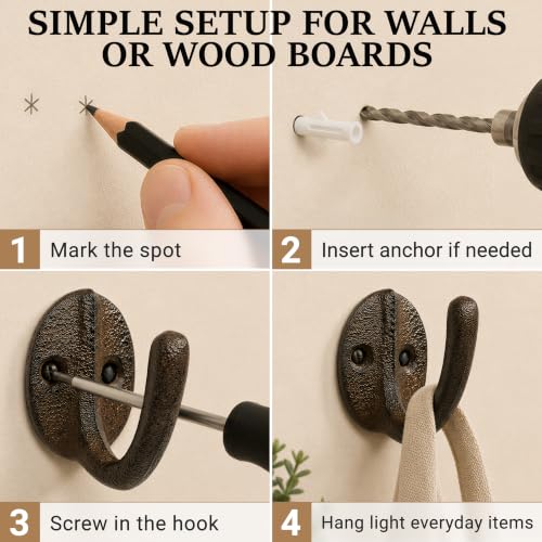 Rustic Cast Iron Wall Hooks - 6 Pack Vintage Coat Hangers