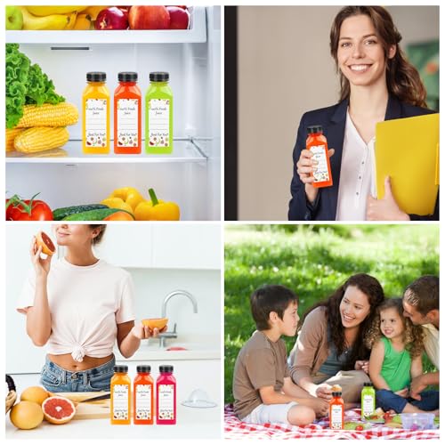 12 oz Reusable Plastic Juice Bottles - 6 Pack with Caps & Labels