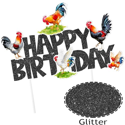 Rooster Birthday Cake Topper with Black Glitter 'Happy Birthday'