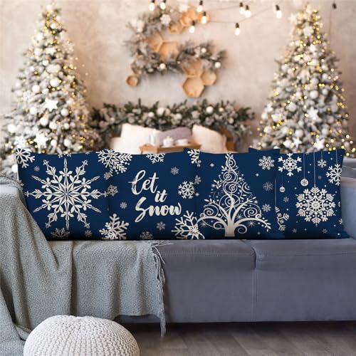 Set of 4 Snowflake Christmas Pillow Covers - Soft Polyester Holiday Decor