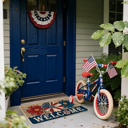 Patriotic Daisy Welcome Doormat 17x29 Inch - Non-Slip Indoor/Outdoor