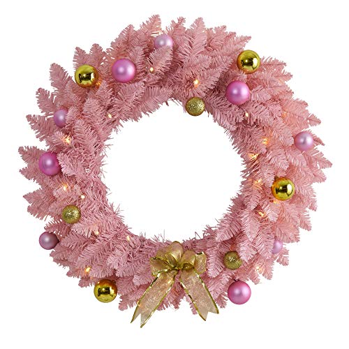 Pink Artificial Christmas Wreath with Pre-Lit LEDs - 24 Inch Holiday Decor