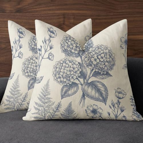 Vintage Blue Floral Throw Pillow Covers - Set of 2, 18x18 Inch