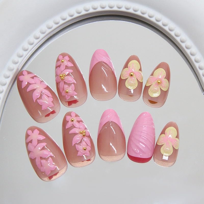 Short Almond Press On Nails with Floral French Design Acrylic Fake Nails