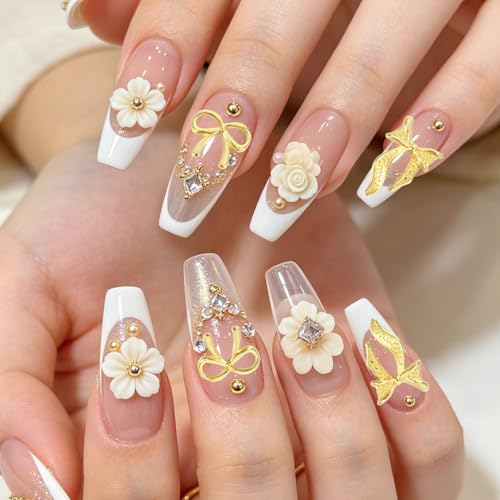 Ouligay 96 PCS Metal Bow Nail Charms 3D Gold and Silver Nail Art Decors