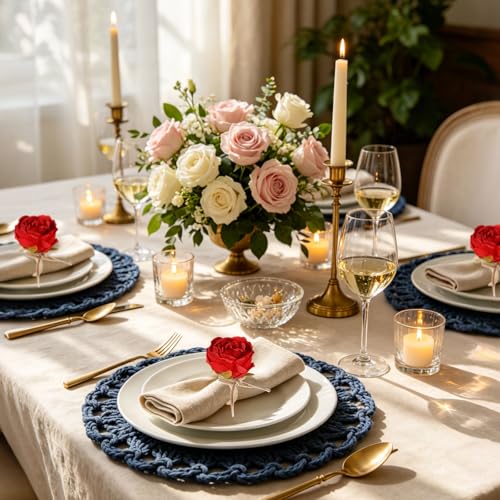 Red Handmade Flower Napkin Rings Set of 6 with Jute Bow for Summer Wedding Party
