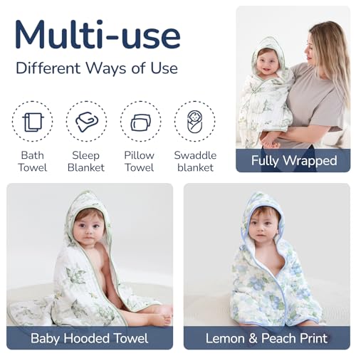 Baby Hooded Towel 2 Pack - Floral & Blueberry, Ultra Absorbent Muslin - 32x32 Inches