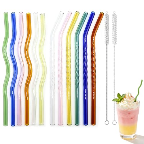 12 Pack Colorful Reusable Glass Straws with Cleaning Brushes