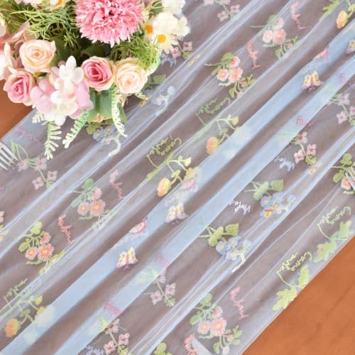 Blue Butterfly Floral Table Runner for Garden Party and Home Decor - 28x120 Inches