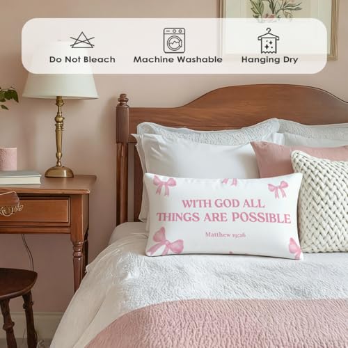 Pink 12x20 Flannelette Throw Pillow Cover - Matthew 19:26 Bow Design