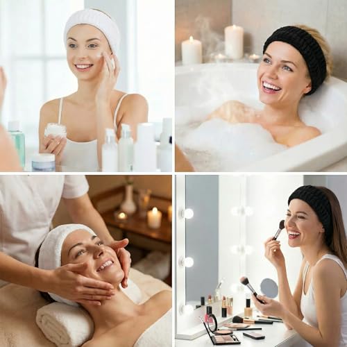 Spa Headbands for Face Washing - 2Pcs Soft Flannel Absorbent Elastic Skincare Headband for Women and Men (Black, White)