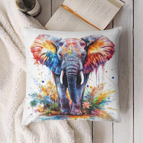 Watercolor Elephant Floral Throw Pillow Cover 18x18 Inch Soft Plush