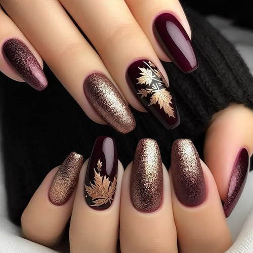 Fall Press on Nails Medium Coffin Brown Glitter Maple Leaf Acrylic Nails
