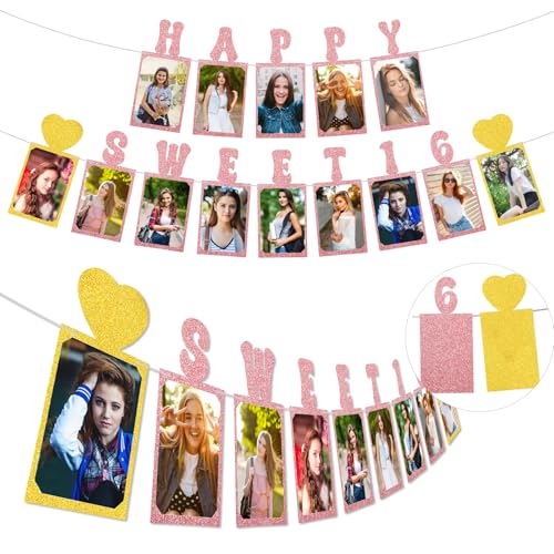 Happy Sweet 16 Birthday Photo Banner - Pre-Strung Glitter Decor