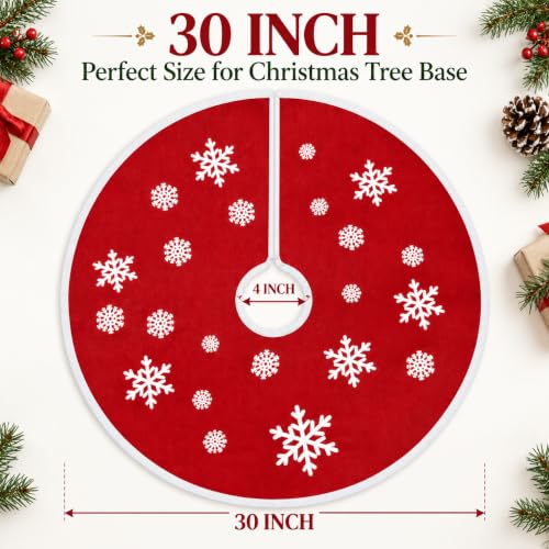 30 Inch Red Christmas Tree Skirt with White Snowflake Pattern - Holiday Home Decor