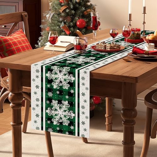 Snowflakes Christmas Table Runner Green Black Plaid Farmhouse Holiday Decor 13x48 Inch