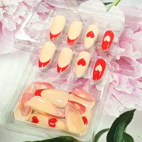 Onsdag Red French Tip Almond Press On Nails with Heart Designs 24 Pcs