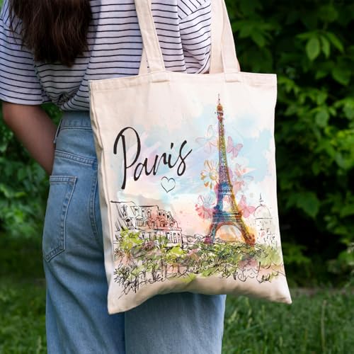 VeloKomo Paris Travel Canvas Tote Bag - Large Reusable Shopping Handbag