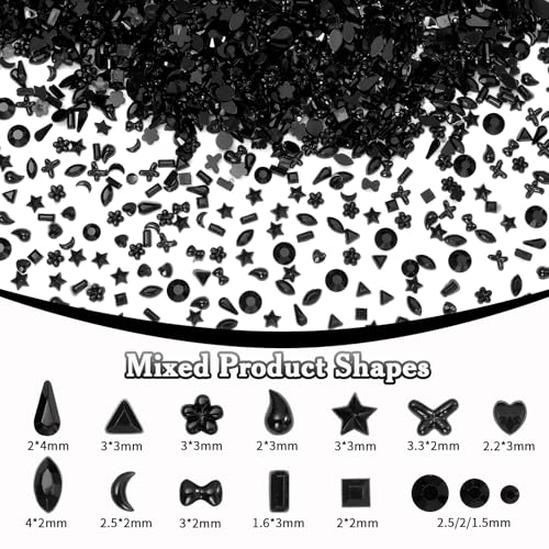 Black Nail Rhinestones 3000 Pcs Multi Shapes 3D Nail Gems Charms