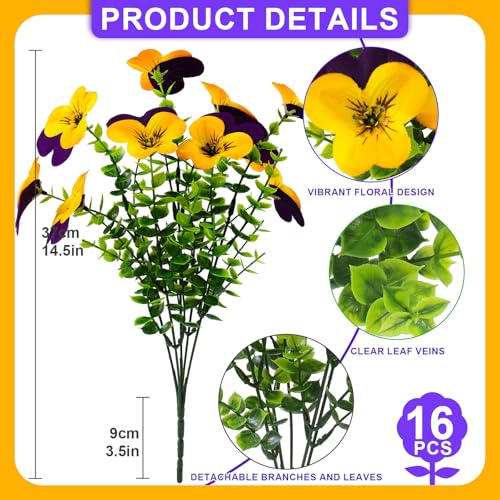 16pcs Artificial Pansy Flowers - UV Resistant Faux Silk Decor