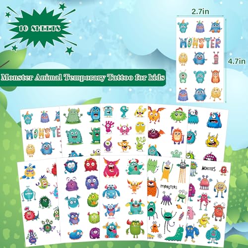 Monster Temporary Tattoos for Kids - 10 Sheets Cute Party Favors