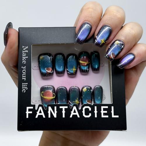 FANTACIEL Handmade Press On Nails Cat Eye Happy Planet Square Reusable