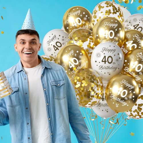 30th Birthday Balloons Pack - White & Gold Latex Confetti, 15pcs