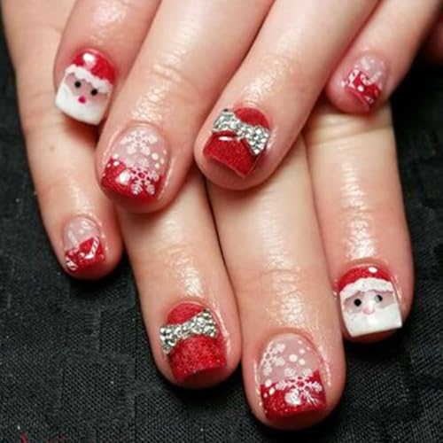 Christmas Press on Nails Short Red French Tip False Nails with Charms
